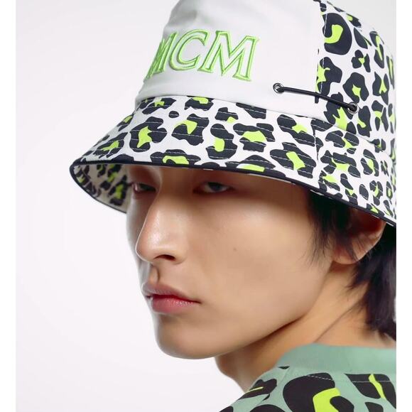 MCM Leopard Print Bucket Hat Multi Logo Embroidered Adjustable NWT $290 - Picture 2 of 16